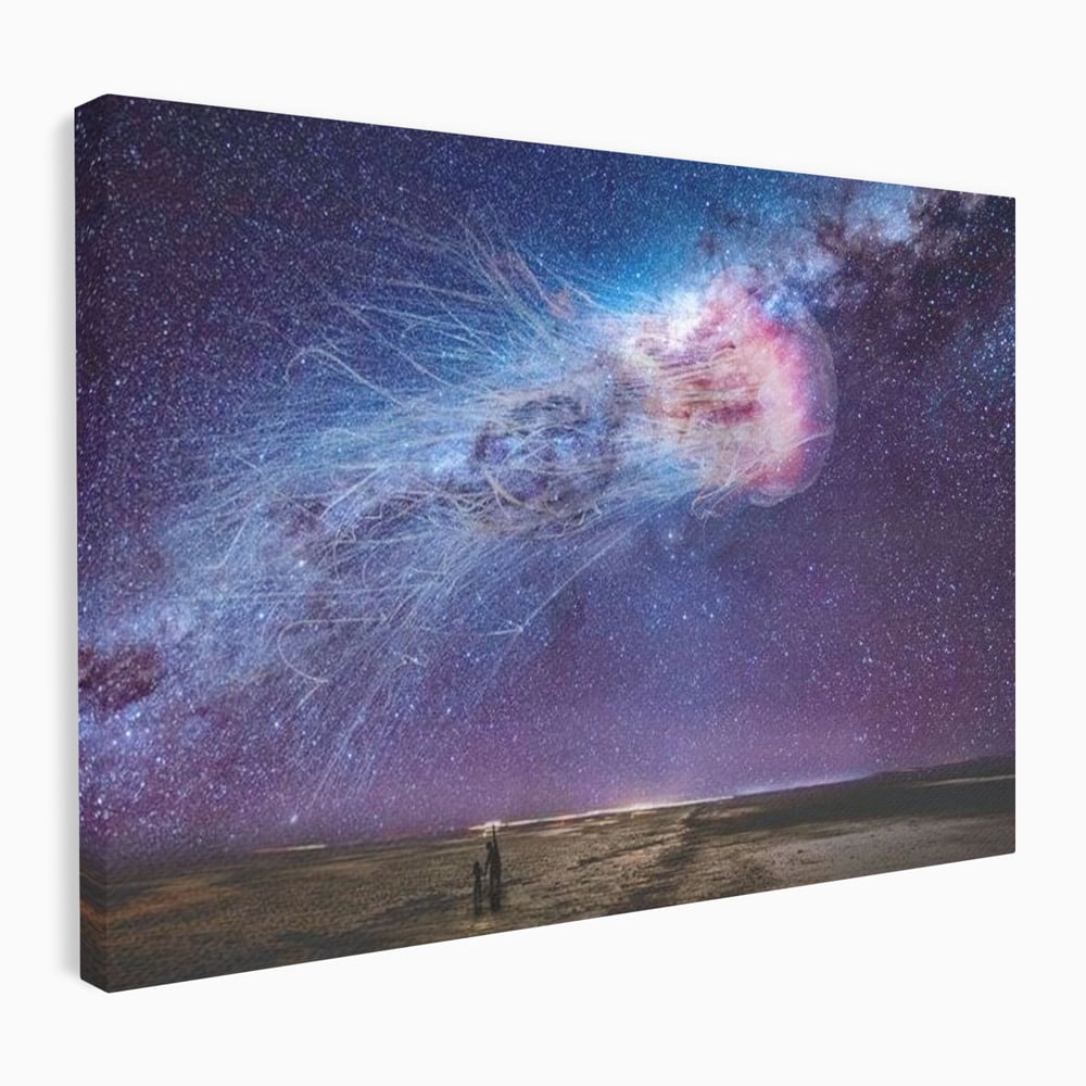 Tablou canvas cu ilustratie digitala cu meduza cosmica si stele, fara rama, pe sasiu de lemn